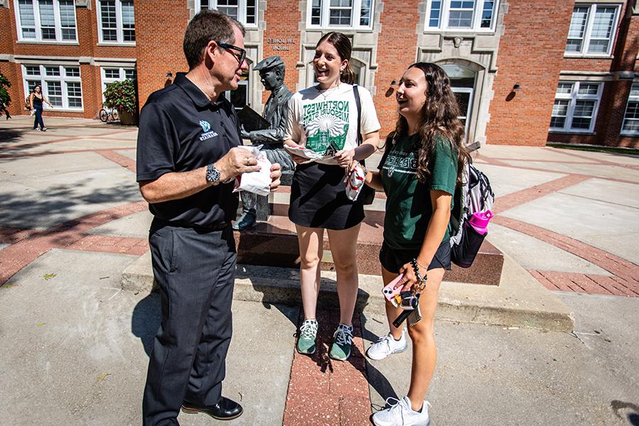 Northwest President Dr. Lance Tatum greeted students on the first day of the fall semester in August. (Photo by Todd Weddle/Northwest Missouri State University)
